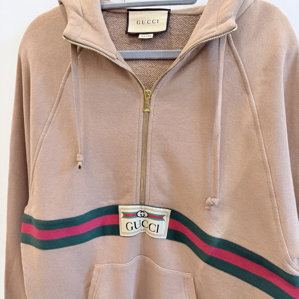Gucci Half Zip Hoodie Web Stripe Logo Patch Beige Pink Cotton Size S Italy